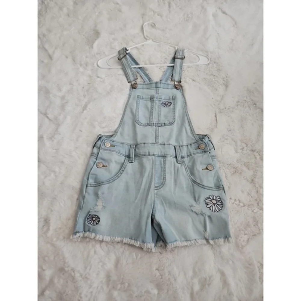 Justice Girls Size 12 Daisy Embroidered Denim Shortalls Light Wash Distressed